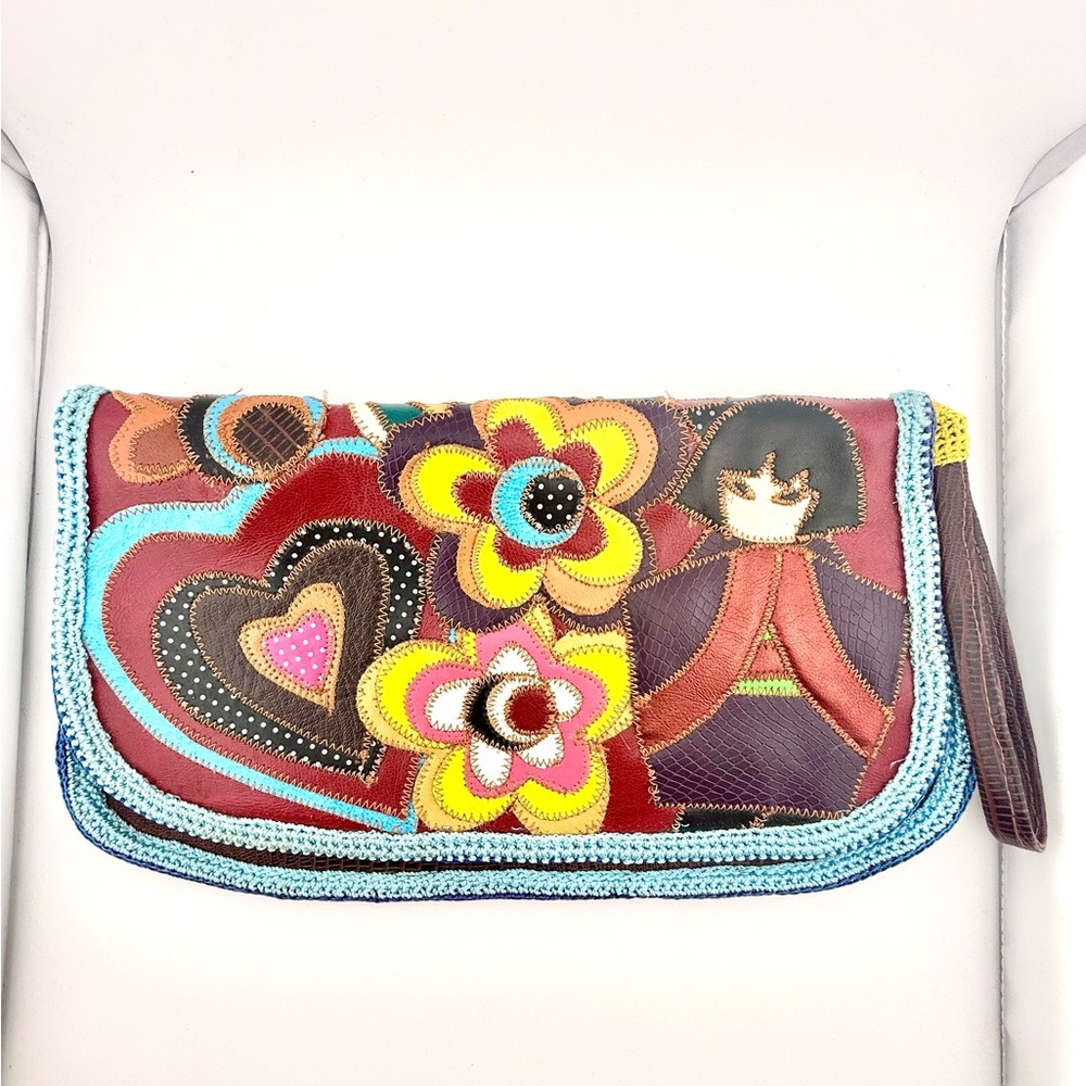 Vintage Geisha, Flower, Heart, and Butterfly Leather Patchwork Clutch Wristlet